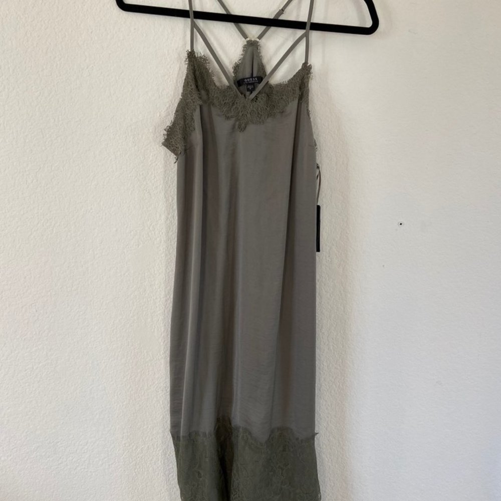 Guess Green Silk Strappy Slip Dress with Lace